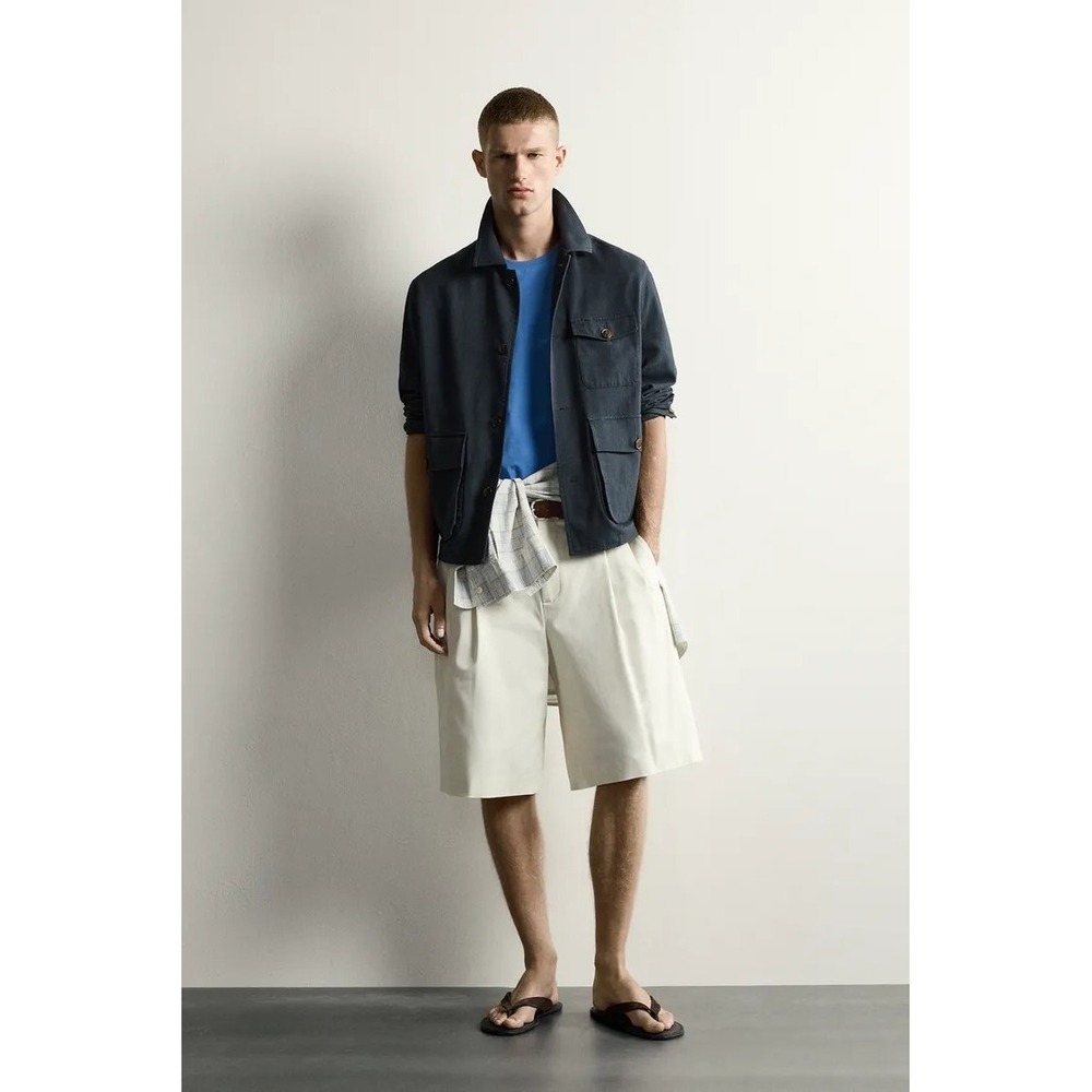 New Zara Men's Linen Blnd Pocket Long Sleeve Blue Overshirt Relaxed Fit Size M